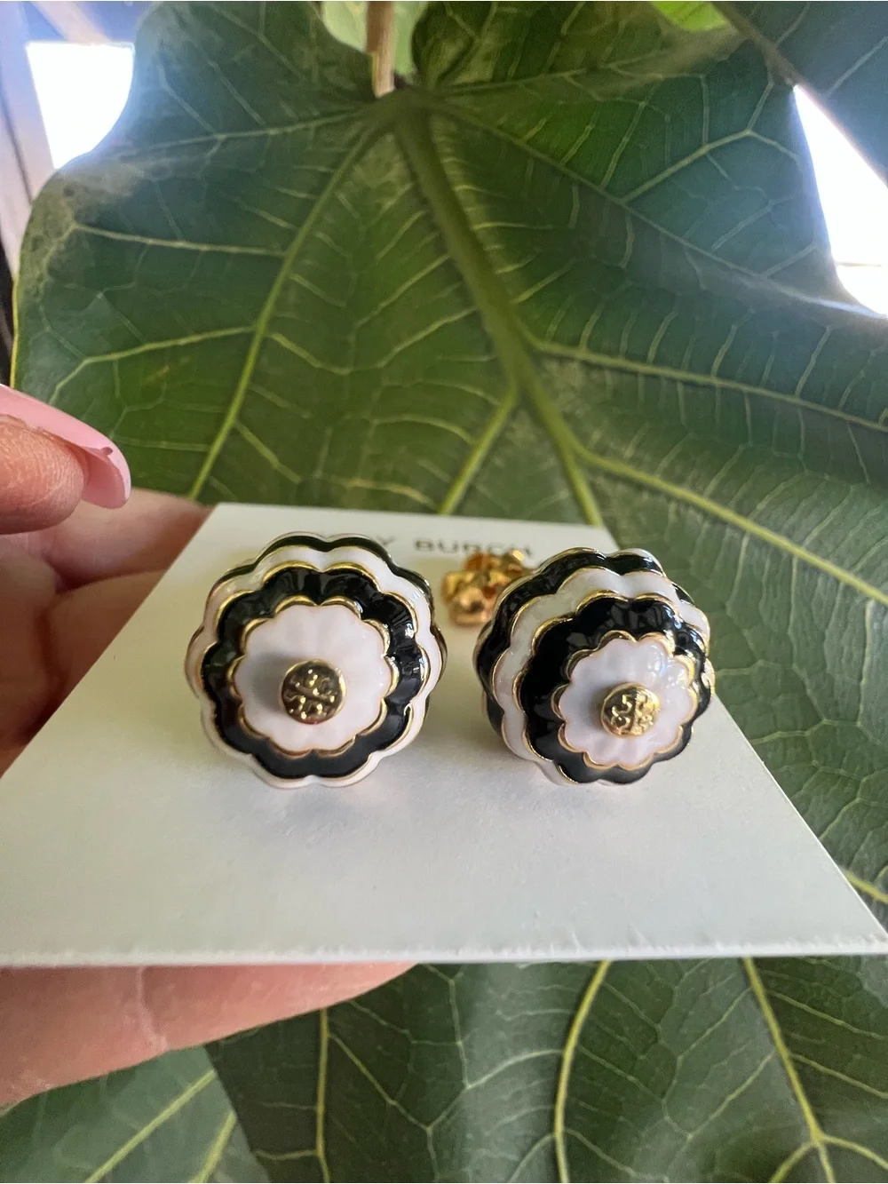 Tory Burch Gold Tone Earrings with Black and White Striped Spheres